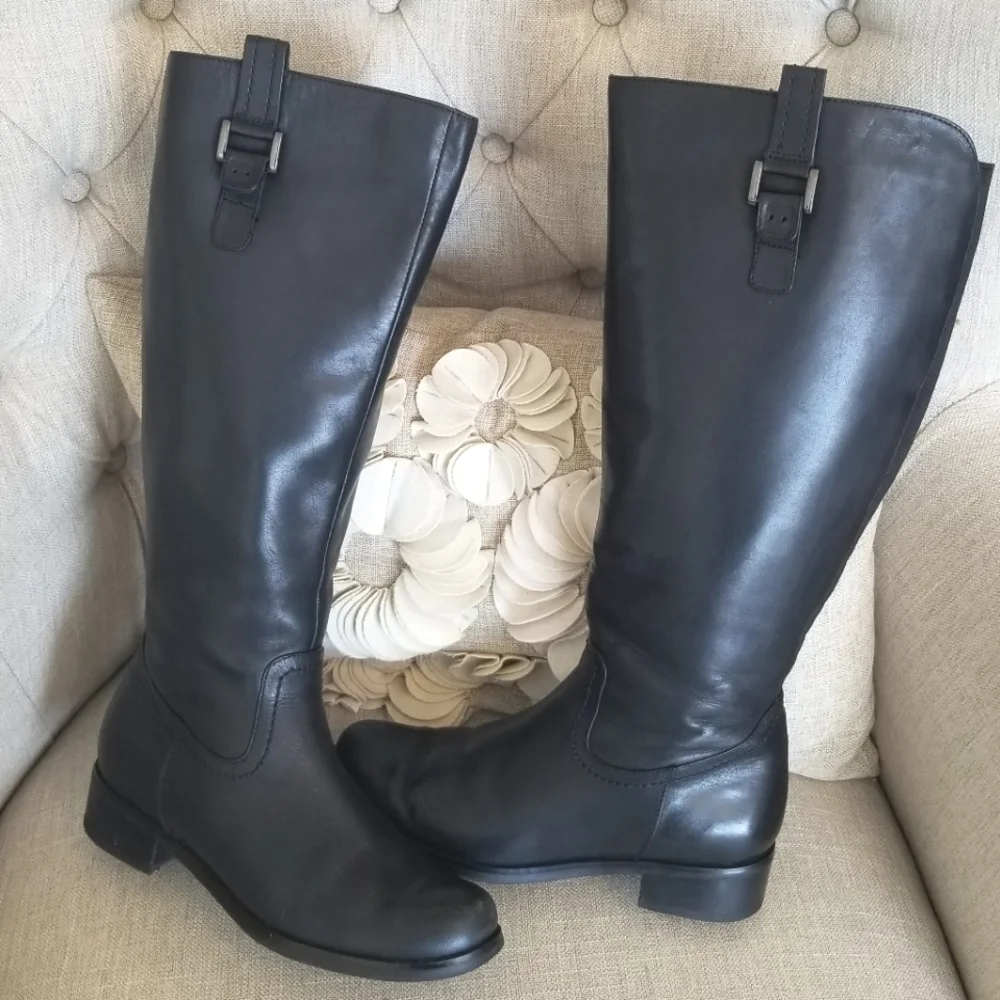 Blondo Black Tall Leather Riding Boot Side Zip Round Toe Block Heel Waterproof
